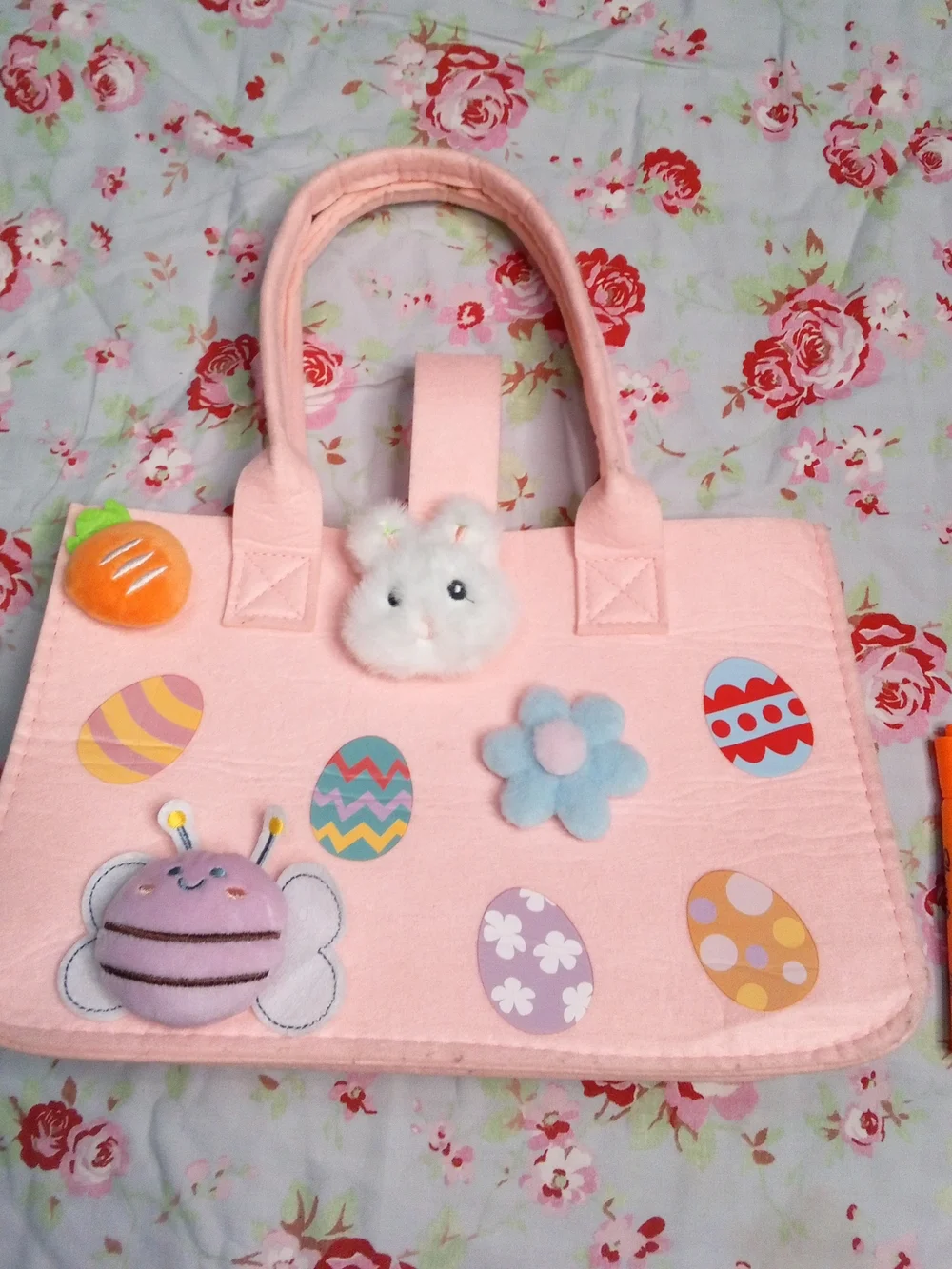 Cute Pink Kids Tote Bag with Plush Bunny and Easter Egg Accents